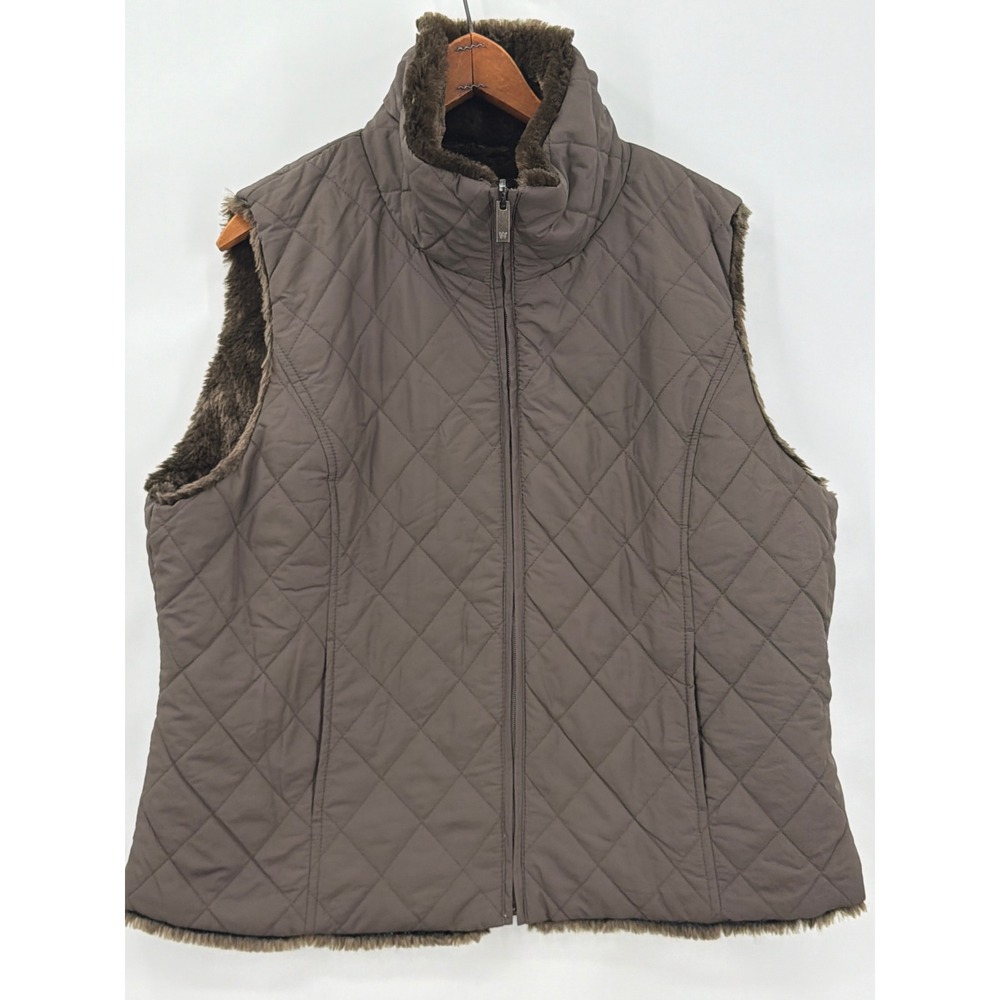 Weatherproof Reversible Quilted Faux Fur Vest Brown XL Full Zip Pockets Warm